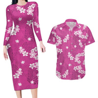 Hawaii Monstera Deliciosa Couples Matching Long Sleeve Bodycon Dress and Hawaiian Shirt Pink Plumeria Polynesian Pattern - Polynesian Pride