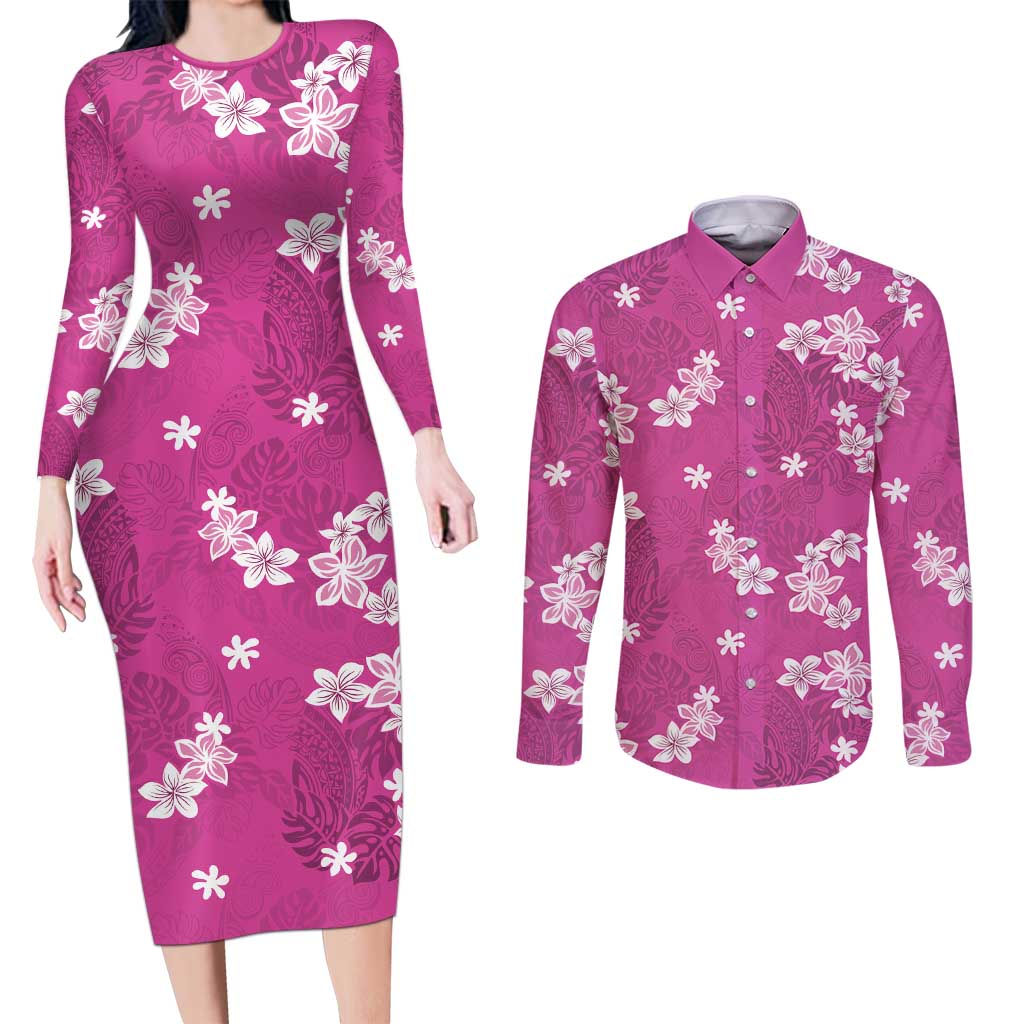 Hawaii Monstera Deliciosa Couples Matching Long Sleeve Bodycon Dress and Long Sleeve Button Shirt Pink Plumeria Polynesian Pattern LT05 Pink - Polynesian Pride