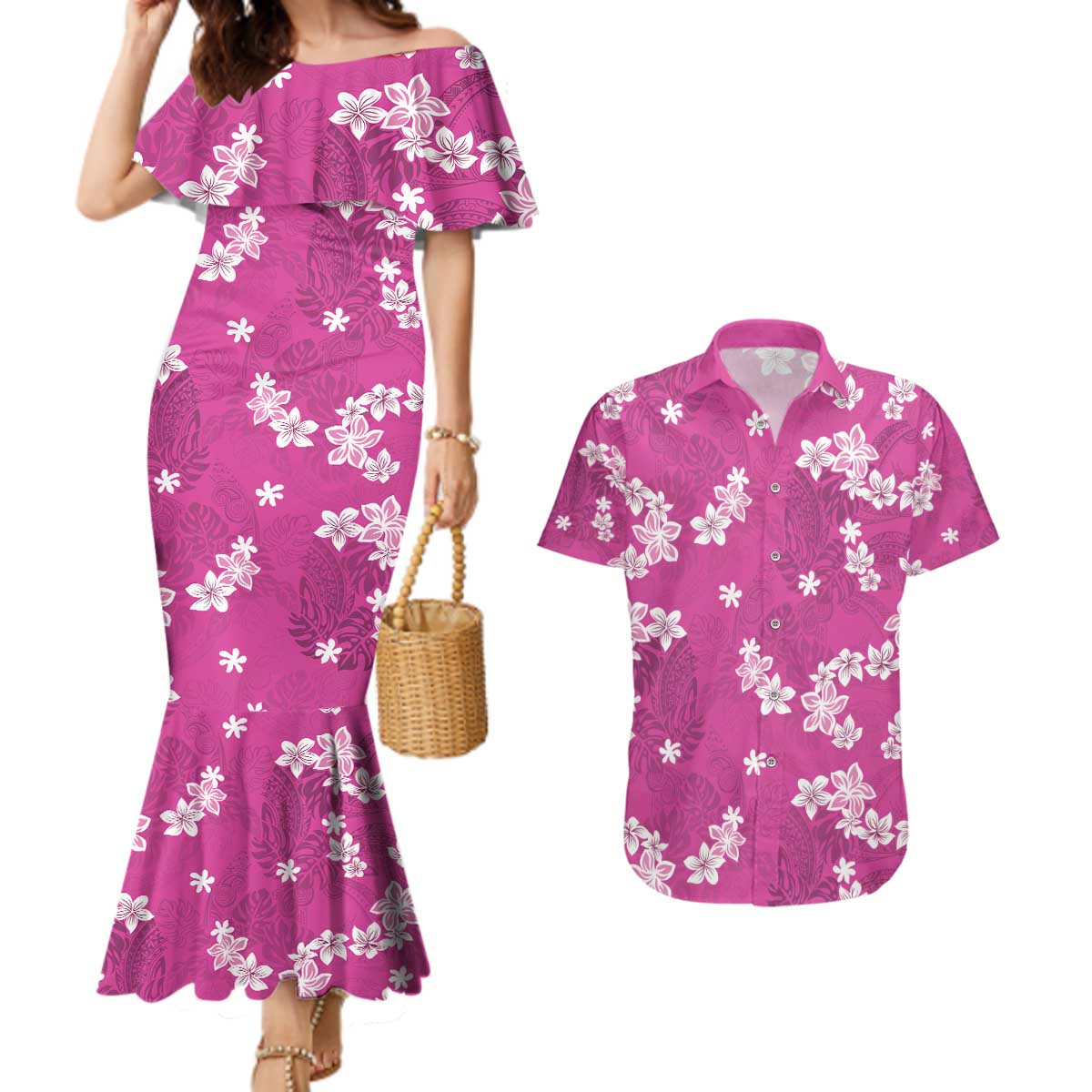 Hawaii Monstera Deliciosa Couples Matching Mermaid Dress and Hawaiian Shirt Pink Plumeria Polynesian Pattern LT05 Pink - Polynesian Pride