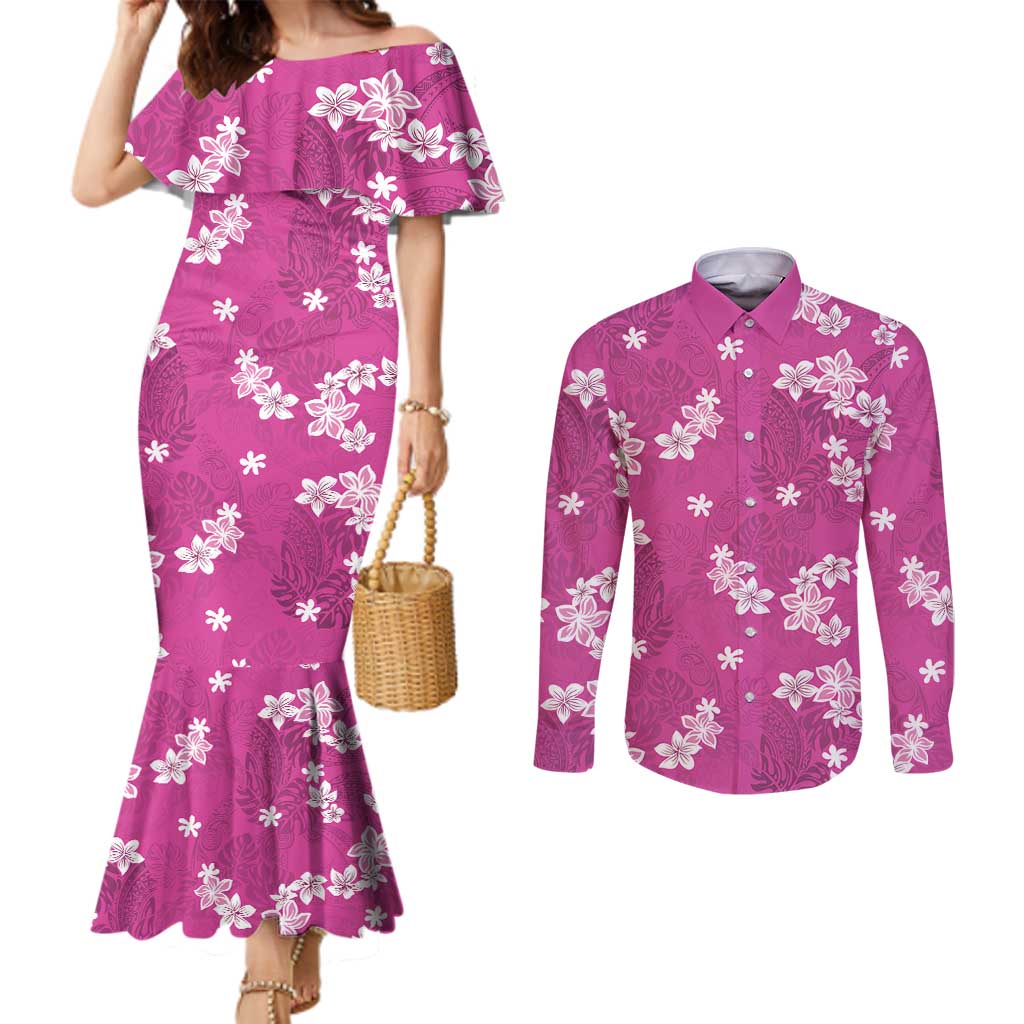 Hawaii Monstera Deliciosa Couples Matching Mermaid Dress and Long Sleeve Button Shirt Pink Plumeria Polynesian Pattern LT05 Pink - Polynesian Pride