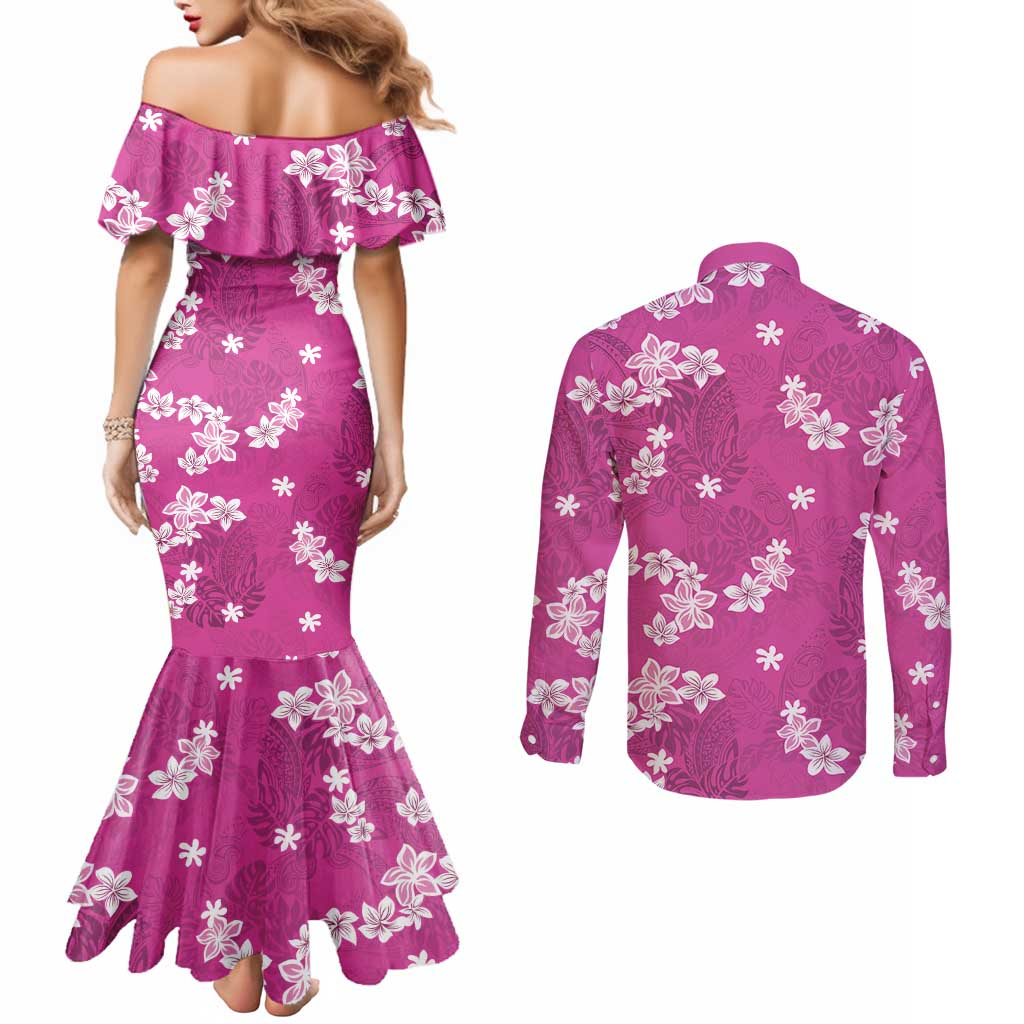 Hawaii Monstera Deliciosa Couples Matching Mermaid Dress and Long Sleeve Button Shirt Pink Plumeria Polynesian Pattern - Polynesian Pride