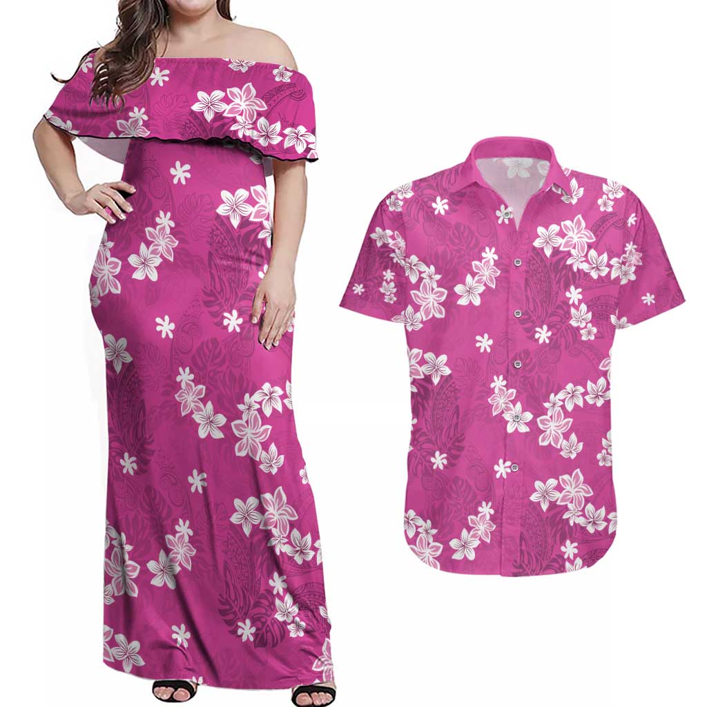 Hawaii Monstera Deliciosa Couples Matching Off Shoulder Maxi Dress and Hawaiian Shirt Pink Plumeria Polynesian Pattern LT05 Pink - Polynesian Pride
