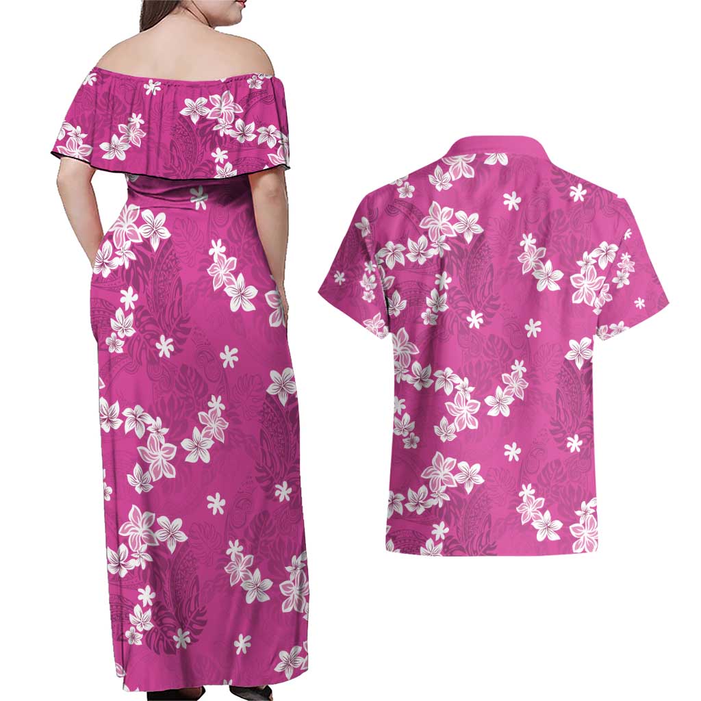 Hawaii Monstera Deliciosa Couples Matching Off Shoulder Maxi Dress and Hawaiian Shirt Pink Plumeria Polynesian Pattern - Polynesian Pride