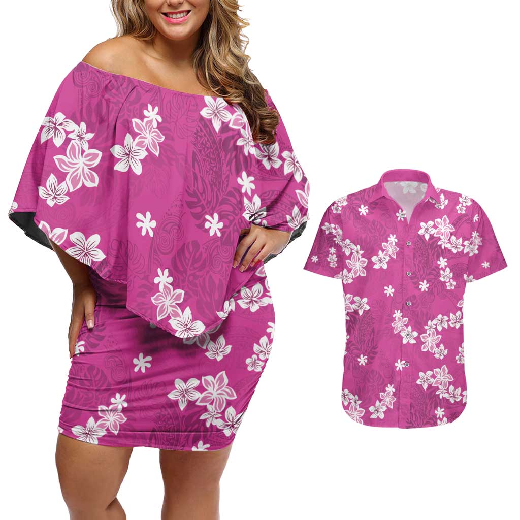 Hawaii Monstera Deliciosa Couples Matching Off Shoulder Short Dress and Hawaiian Shirt Pink Plumeria Polynesian Pattern LT05 Pink - Polynesian Pride
