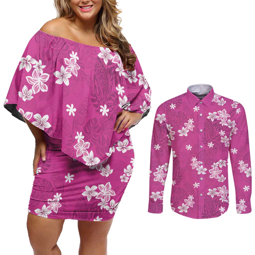 Hawaii Monstera Deliciosa Couples Matching Off Shoulder Short Dress and Long Sleeve Button Shirt Pink Plumeria Polynesian Pattern LT05 Pink - Polynesian Pride