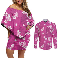 Hawaii Monstera Deliciosa Couples Matching Off Shoulder Short Dress and Long Sleeve Button Shirt Pink Plumeria Polynesian Pattern - Polynesian Pride