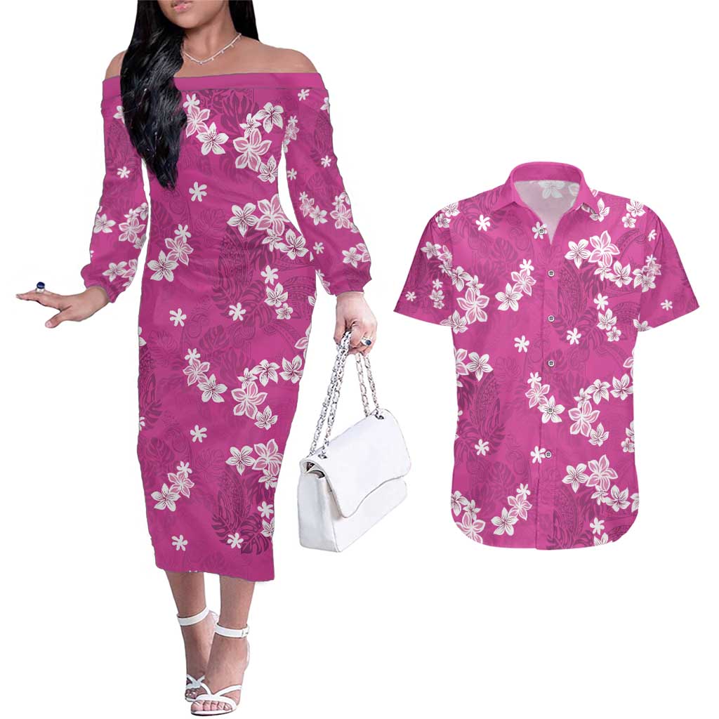Hawaii Monstera Deliciosa Couples Matching Off The Shoulder Long Sleeve Dress and Hawaiian Shirt Pink Plumeria Polynesian Pattern LT05 Pink - Polynesian Pride