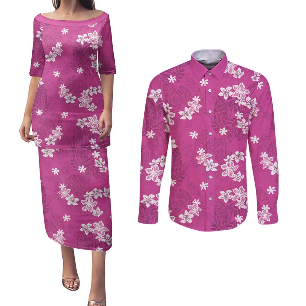 Hawaii Monstera Deliciosa Couples Matching Puletasi and Long Sleeve Button Shirt Pink Plumeria Polynesian Pattern - Polynesian Pride