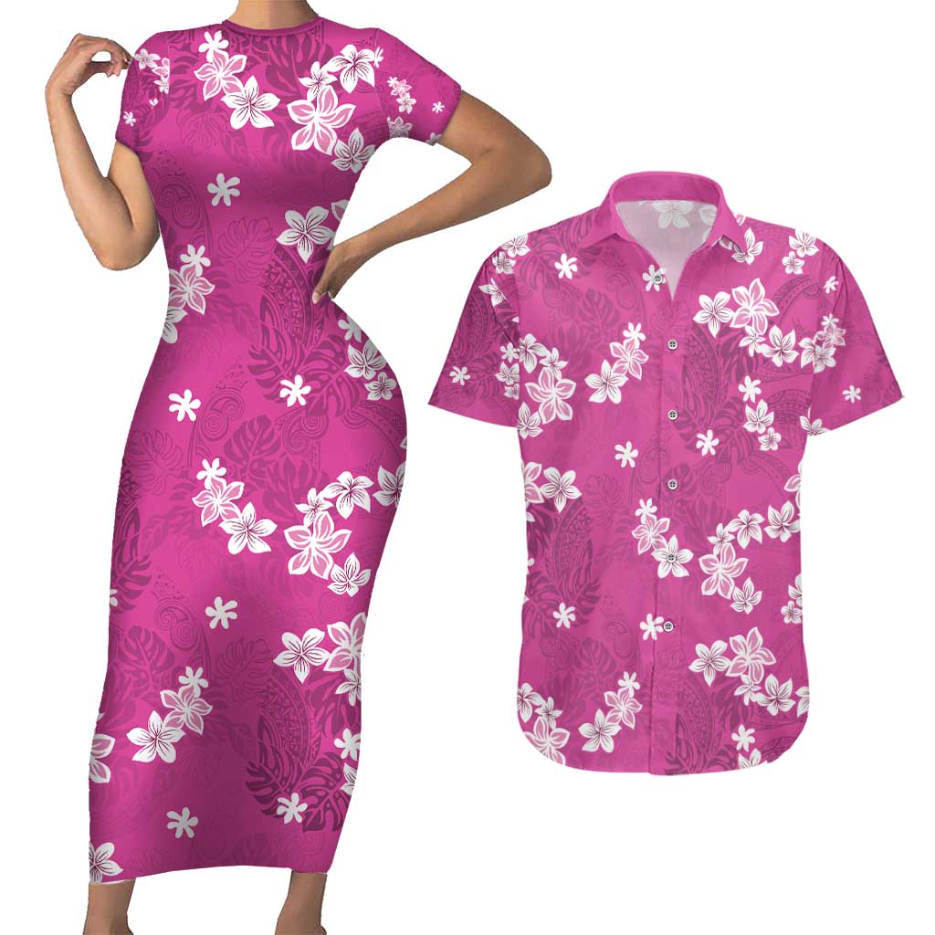 Hawaii Monstera Deliciosa Couples Matching Short Sleeve Bodycon Dress and Hawaiian Shirt Pink Plumeria Polynesian Pattern LT05 Pink - Polynesian Pride