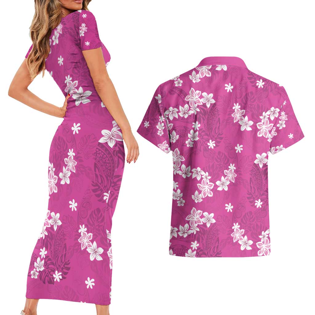 Hawaii Monstera Deliciosa Couples Matching Short Sleeve Bodycon Dress and Hawaiian Shirt Pink Plumeria Polynesian Pattern - Polynesian Pride