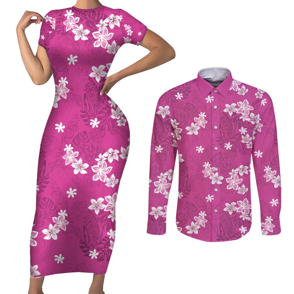 Hawaii Monstera Deliciosa Couples Matching Short Sleeve Bodycon Dress and Long Sleeve Button Shirt Pink Plumeria Polynesian Pattern LT05 Pink - Polynesian Pride