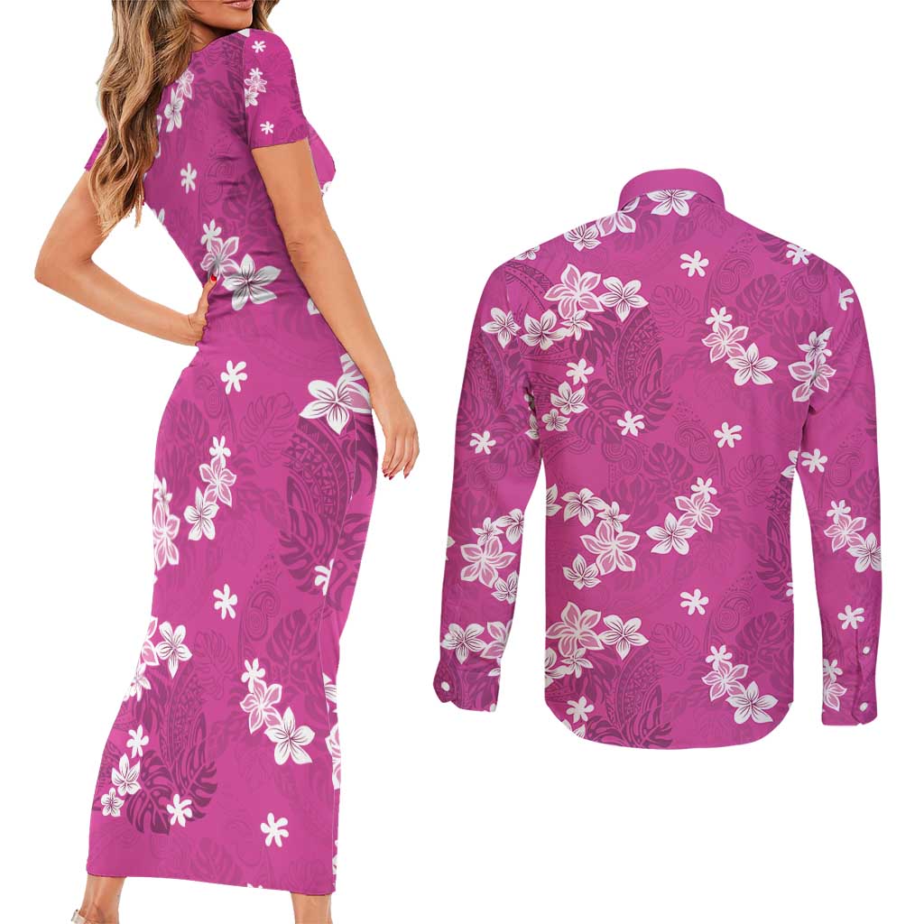 Hawaii Monstera Deliciosa Couples Matching Short Sleeve Bodycon Dress and Long Sleeve Button Shirt Pink Plumeria Polynesian Pattern - Polynesian Pride