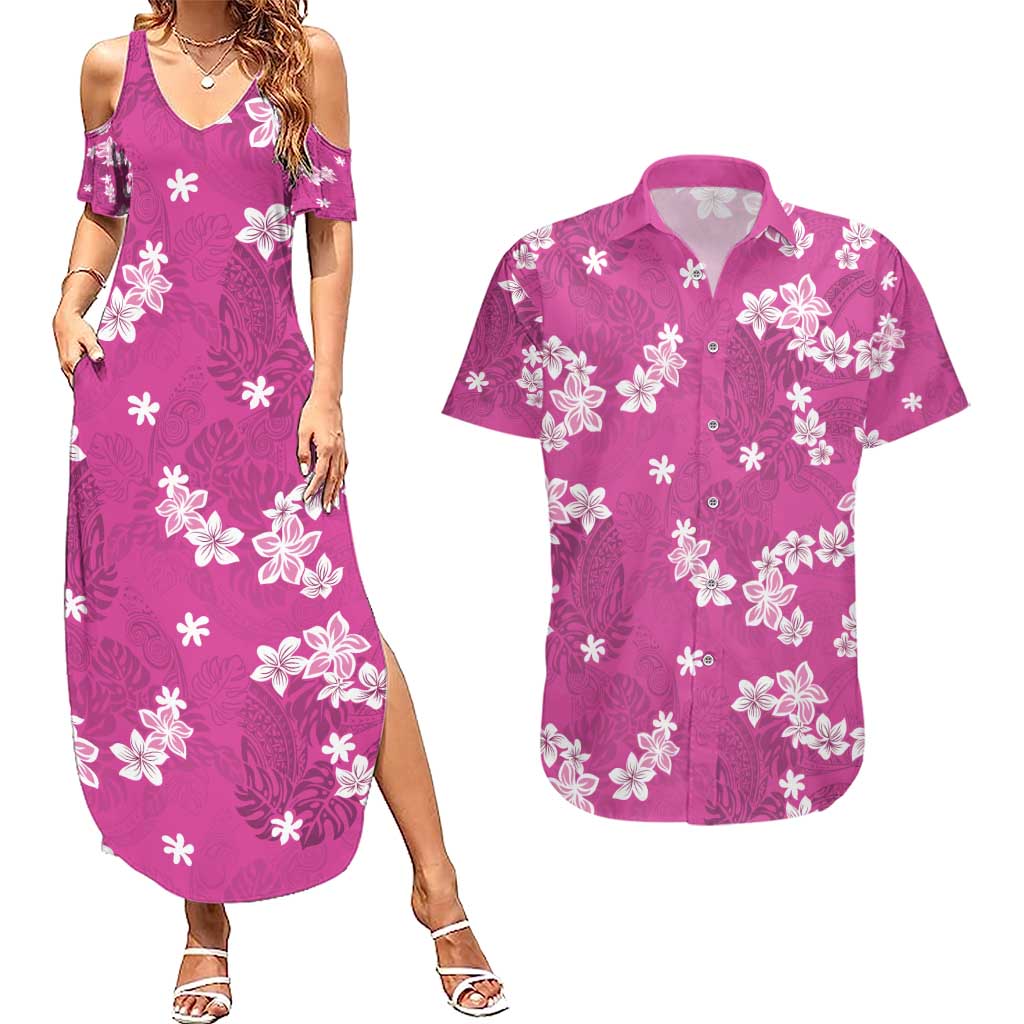 Hawaii Monstera Deliciosa Couples Matching Summer Maxi Dress and Hawaiian Shirt Pink Plumeria Polynesian Pattern LT05 Pink - Polynesian Pride