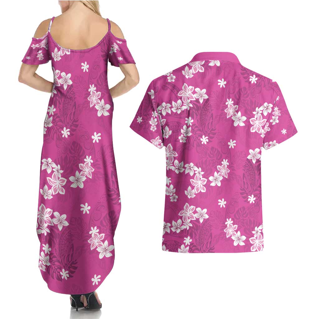 Hawaii Monstera Deliciosa Couples Matching Summer Maxi Dress and Hawaiian Shirt Pink Plumeria Polynesian Pattern - Polynesian Pride