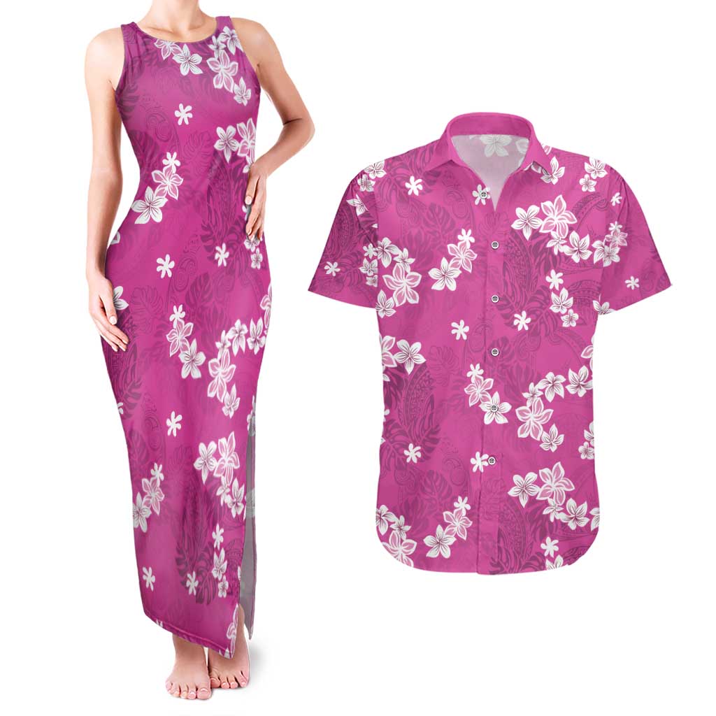 Hawaii Monstera Deliciosa Couples Matching Tank Maxi Dress and Hawaiian Shirt Pink Plumeria Polynesian Pattern - Polynesian Pride