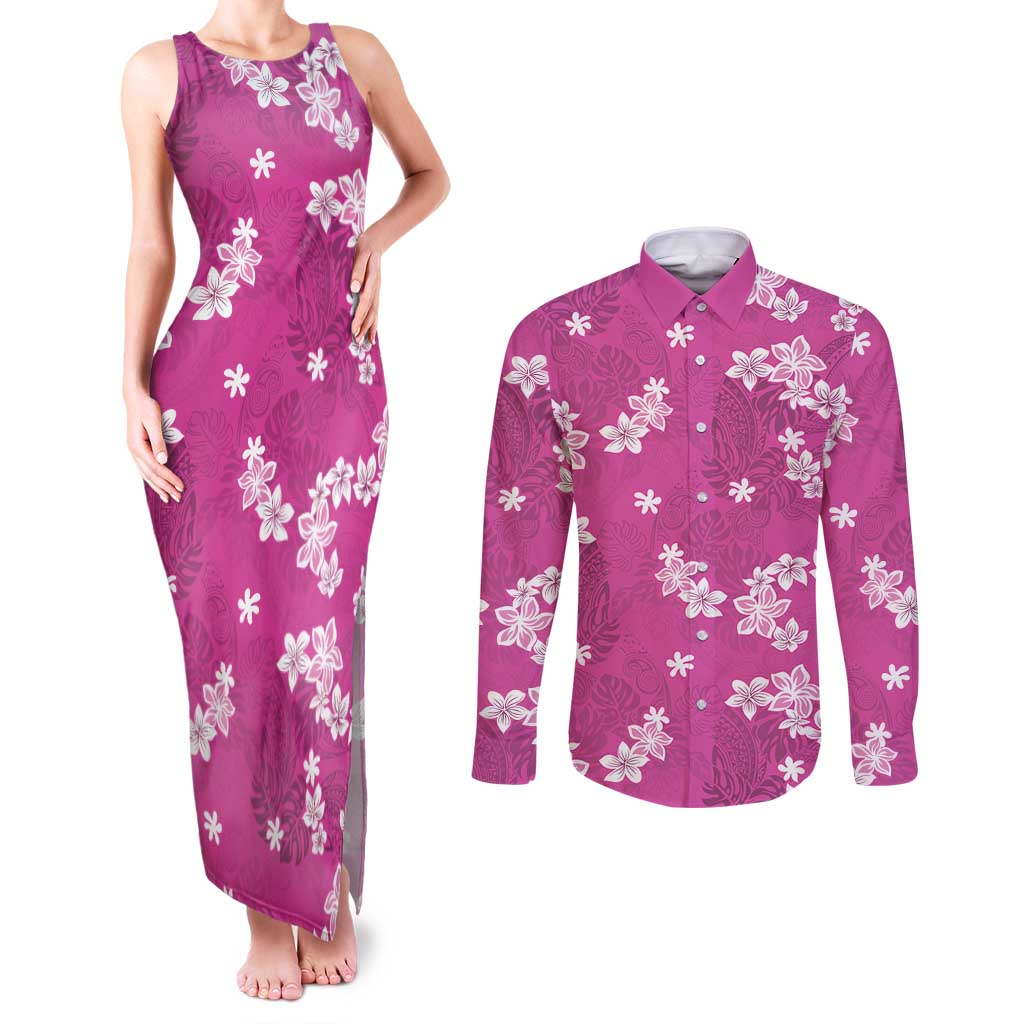 Hawaii Monstera Deliciosa Couples Matching Tank Maxi Dress and Long Sleeve Button Shirt Pink Plumeria Polynesian Pattern LT05 Pink - Polynesian Pride