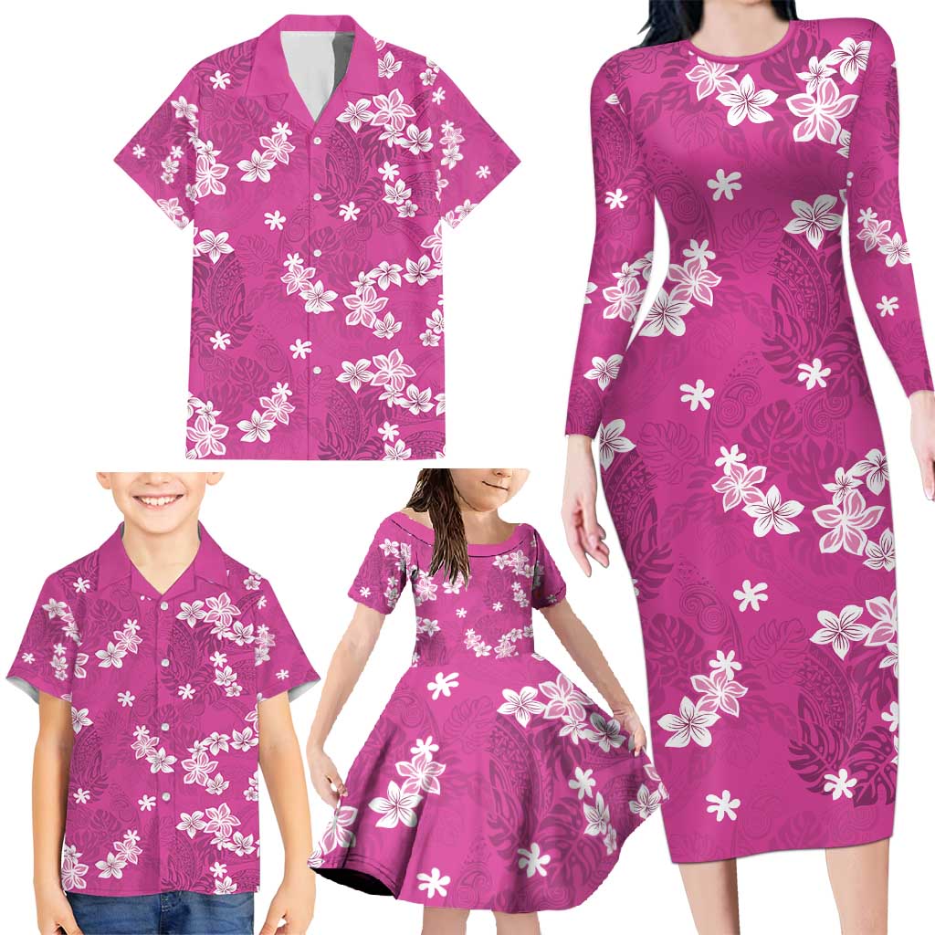Hawaii Monstera Deliciosa Family Matching Long Sleeve Bodycon Dress and Hawaiian Shirt Pink Plumeria Polynesian Pattern LT05 - Polynesian Pride