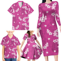 Hawaii Monstera Deliciosa Family Matching Long Sleeve Bodycon Dress and Hawaiian Shirt Pink Plumeria Polynesian Pattern LT05 - Polynesian Pride