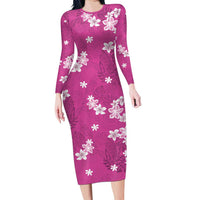Hawaii Monstera Deliciosa Family Matching Long Sleeve Bodycon Dress and Hawaiian Shirt Pink Plumeria Polynesian Pattern LT05 Mom's Dress Pink - Polynesian Pride