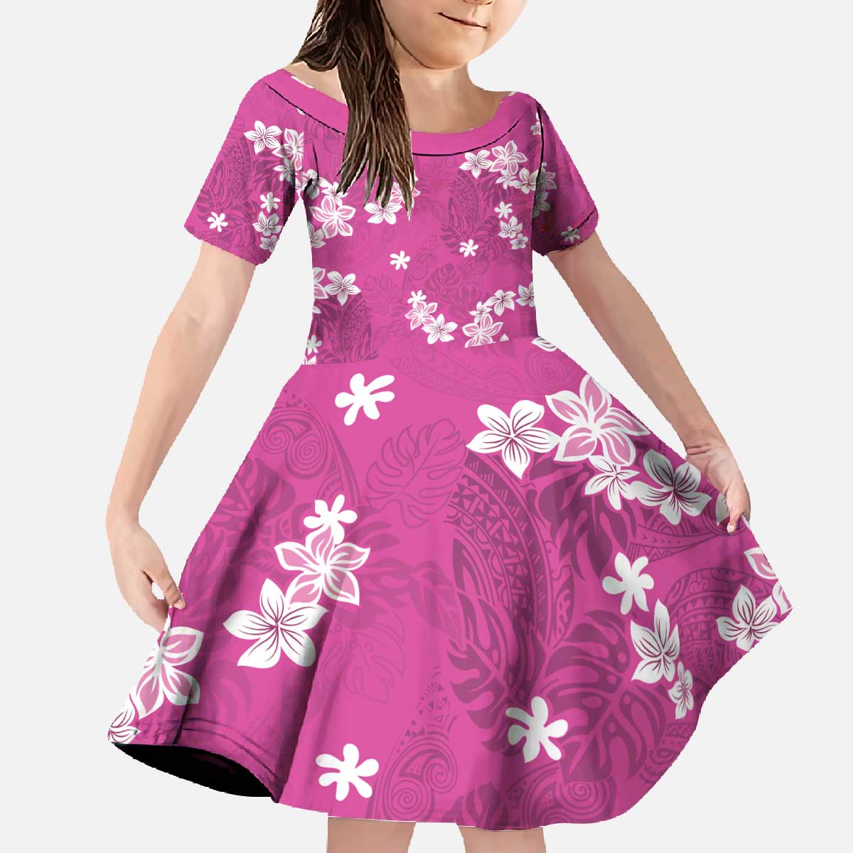 Hawaii Monstera Deliciosa Family Matching Off The Shoulder Long Sleeve Dress and Hawaiian Shirt Pink Plumeria Polynesian Pattern LT05 Daughter's Dress Pink - Polynesian Pride