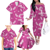 Hawaii Monstera Deliciosa Family Matching Off The Shoulder Long Sleeve Dress and Hawaiian Shirt Pink Plumeria Polynesian Pattern LT05 - Polynesian Pride