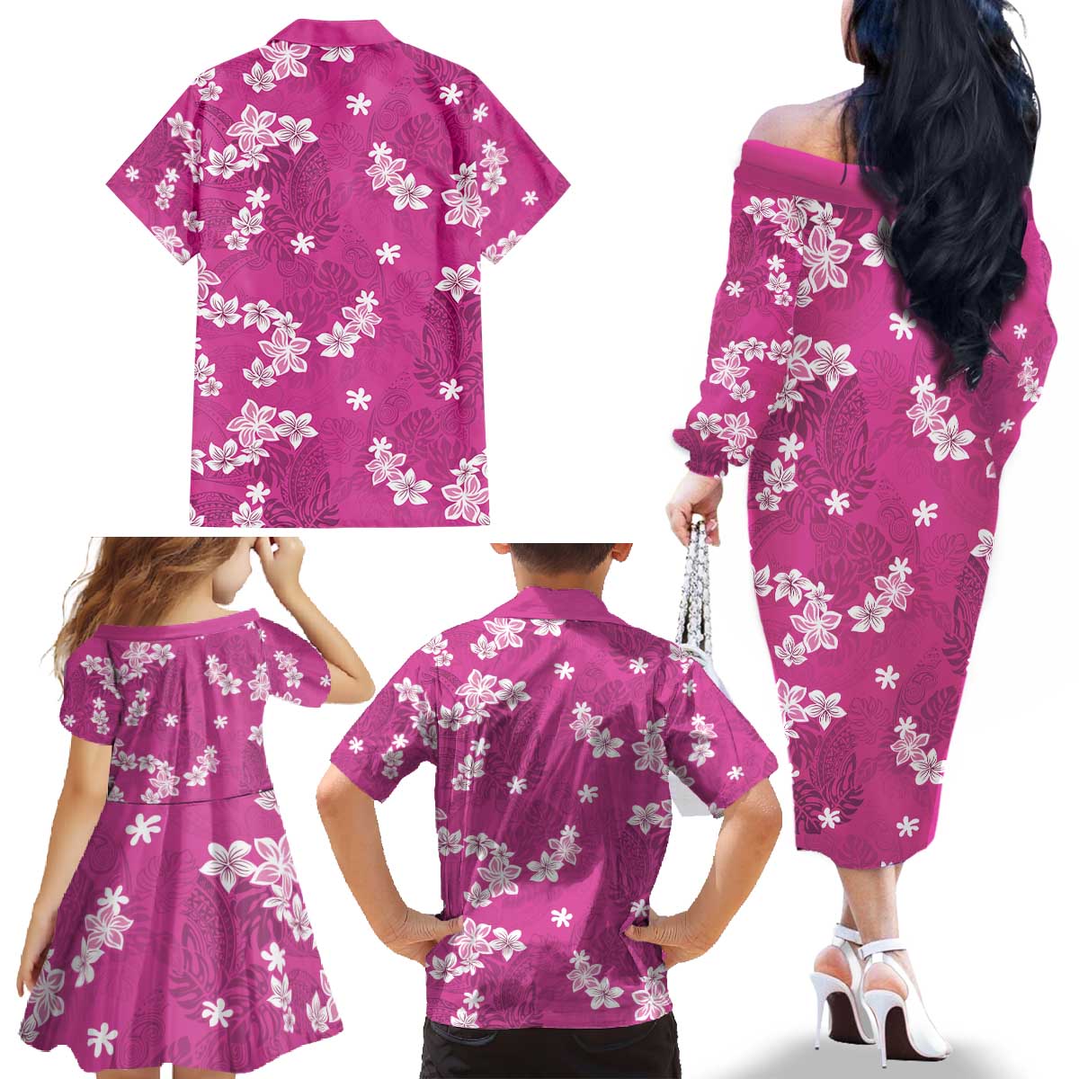 Hawaii Monstera Deliciosa Family Matching Off The Shoulder Long Sleeve Dress and Hawaiian Shirt Pink Plumeria Polynesian Pattern LT05 - Polynesian Pride