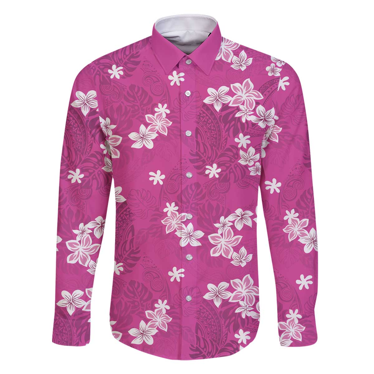 Hawaii Monstera Deliciosa Family Matching Off The Shoulder Long Sleeve Dress and Hawaiian Shirt Pink Plumeria Polynesian Pattern LT05 Dad's Shirt - Long Sleeve Pink - Polynesian Pride