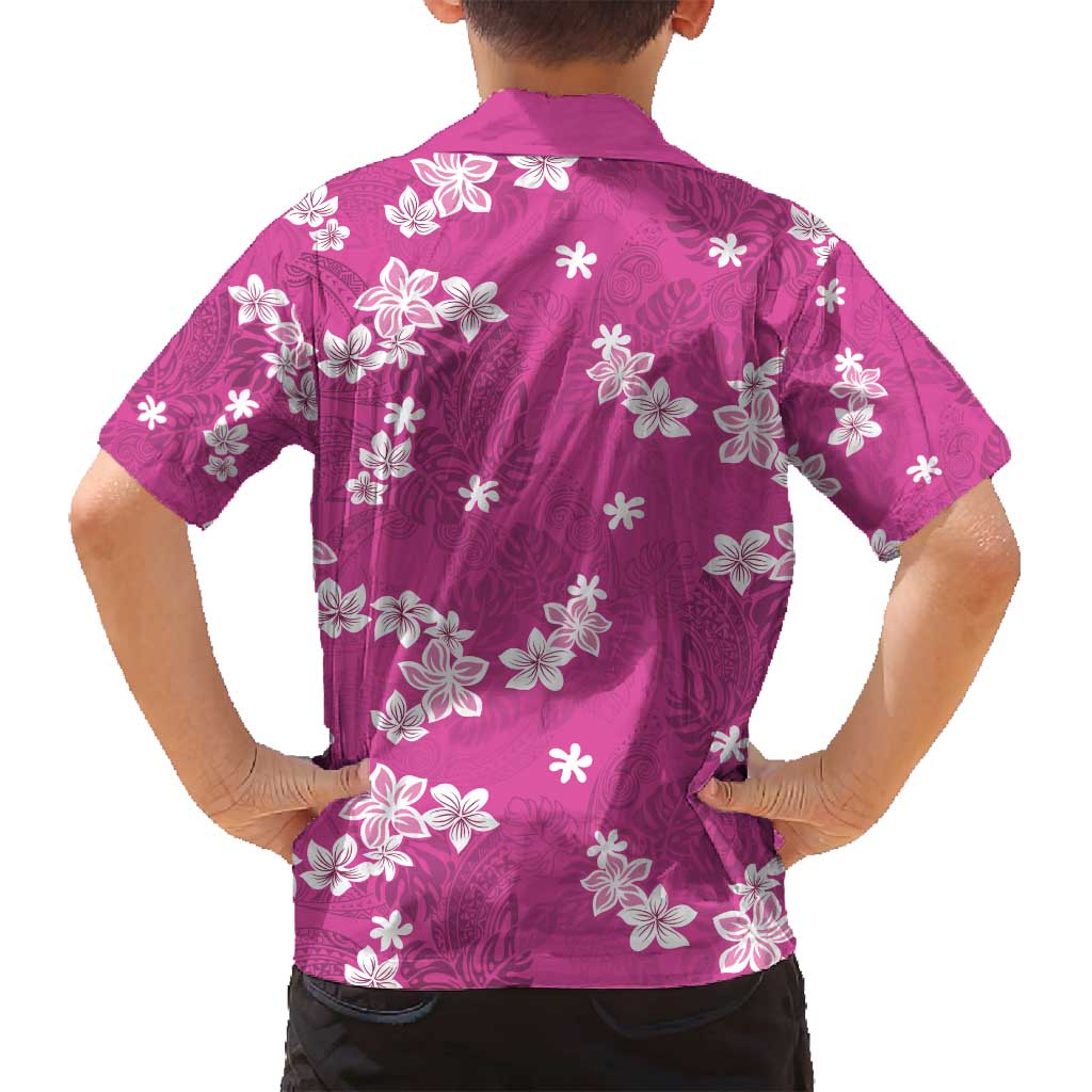 Hawaii Monstera Deliciosa Family Matching Off Shoulder Maxi Dress and Hawaiian Shirt Pink Plumeria Polynesian Pattern - Polynesian Pride