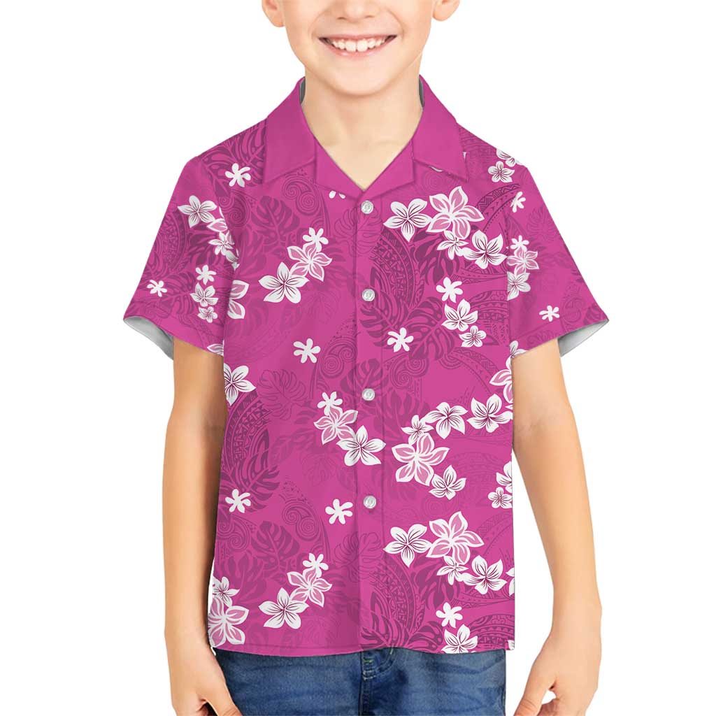 Hawaii Monstera Deliciosa Family Matching Off Shoulder Maxi Dress and Hawaiian Shirt Pink Plumeria Polynesian Pattern - Polynesian Pride