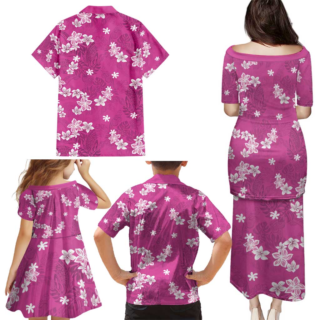 Hawaii Monstera Deliciosa Family Matching Puletasi and Hawaiian Shirt Pink Plumeria Polynesian Pattern - Polynesian Pride