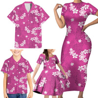 Hawaii Monstera Deliciosa Family Matching Short Sleeve Bodycon Dress and Hawaiian Shirt Pink Plumeria Polynesian Pattern LT05 - Polynesian Pride