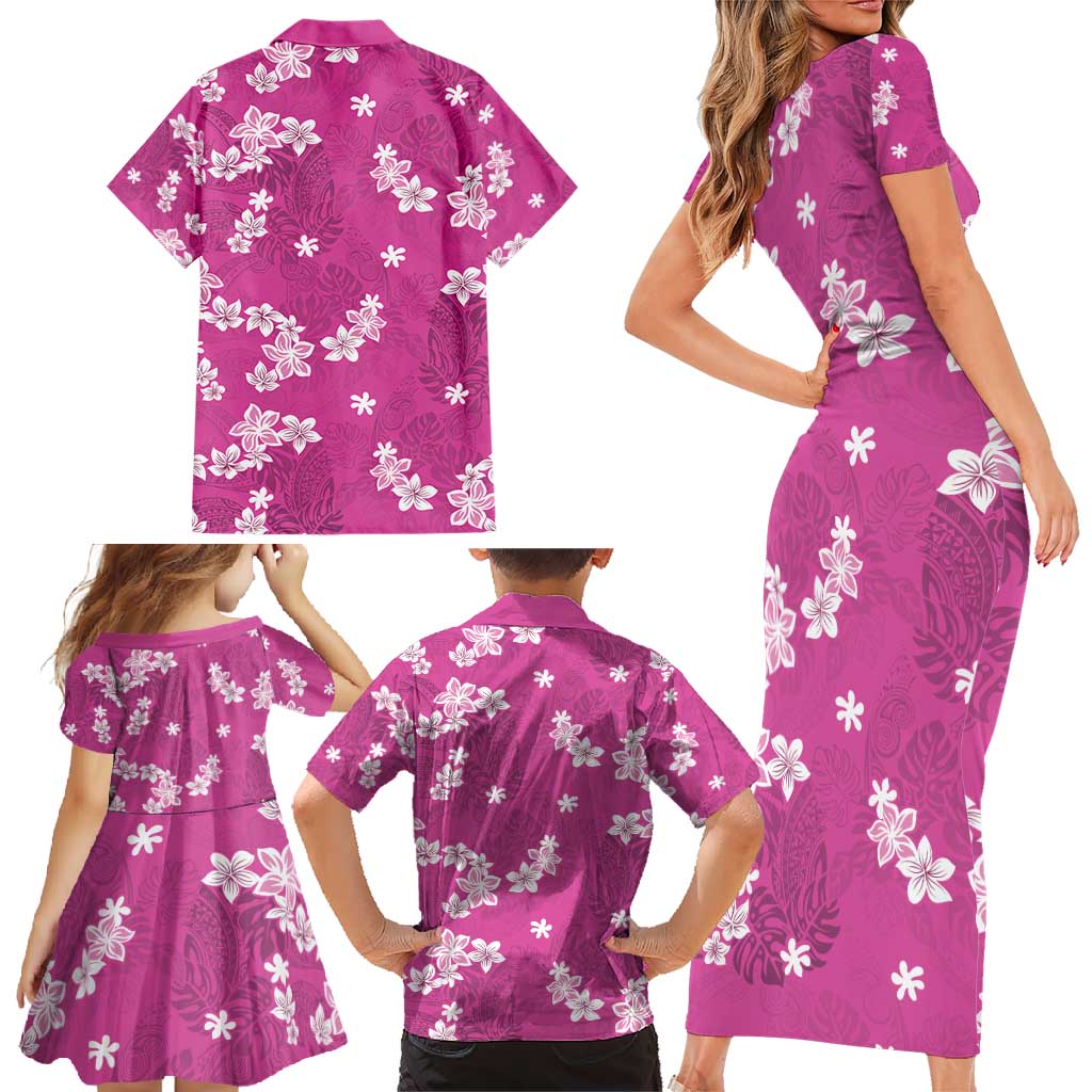 Hawaii Monstera Deliciosa Family Matching Short Sleeve Bodycon Dress and Hawaiian Shirt Pink Plumeria Polynesian Pattern LT05 - Polynesian Pride
