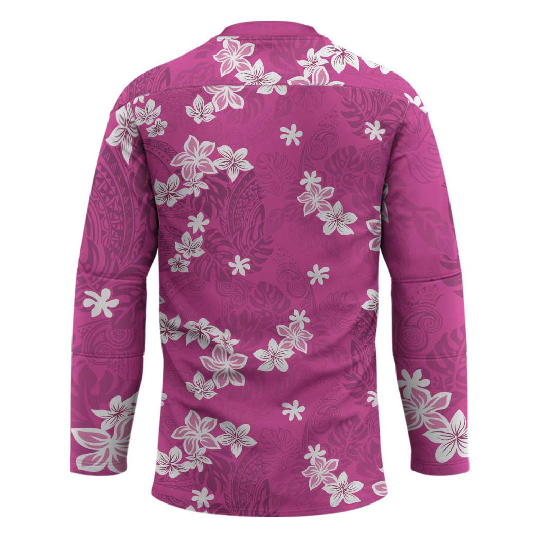 Hawaii Monstera Deliciosa Hockey Jersey Pink Plumeria Polynesian Pattern - Polynesian Pride