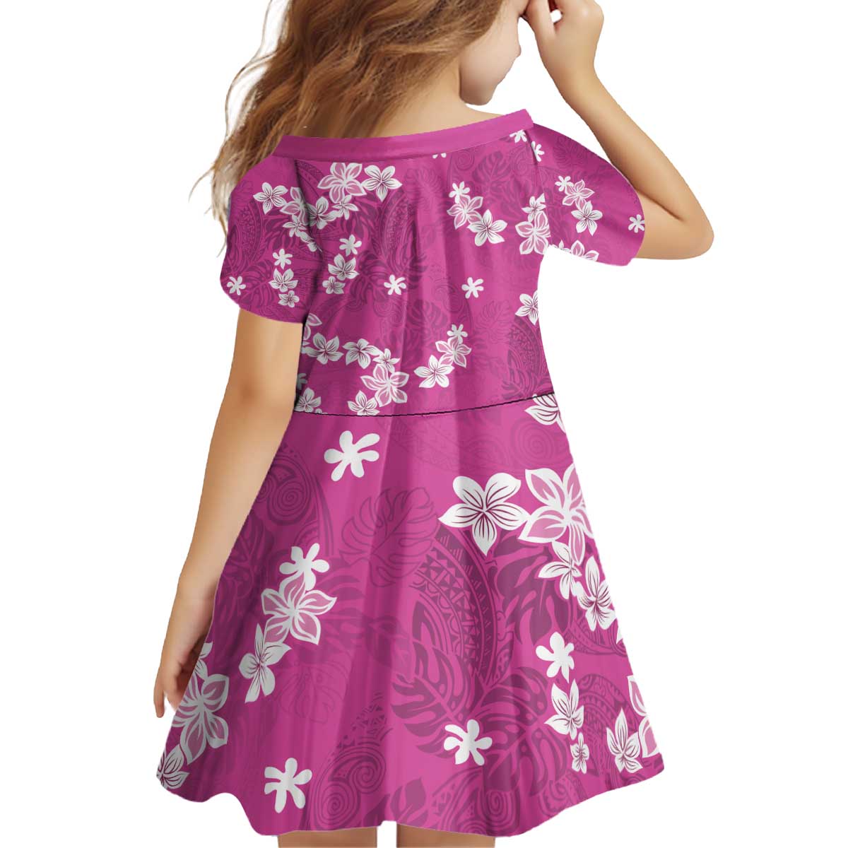Hawaii Monstera Deliciosa Kid Short Sleeve Dress Pink Plumeria Polynesian Pattern - Polynesian Pride