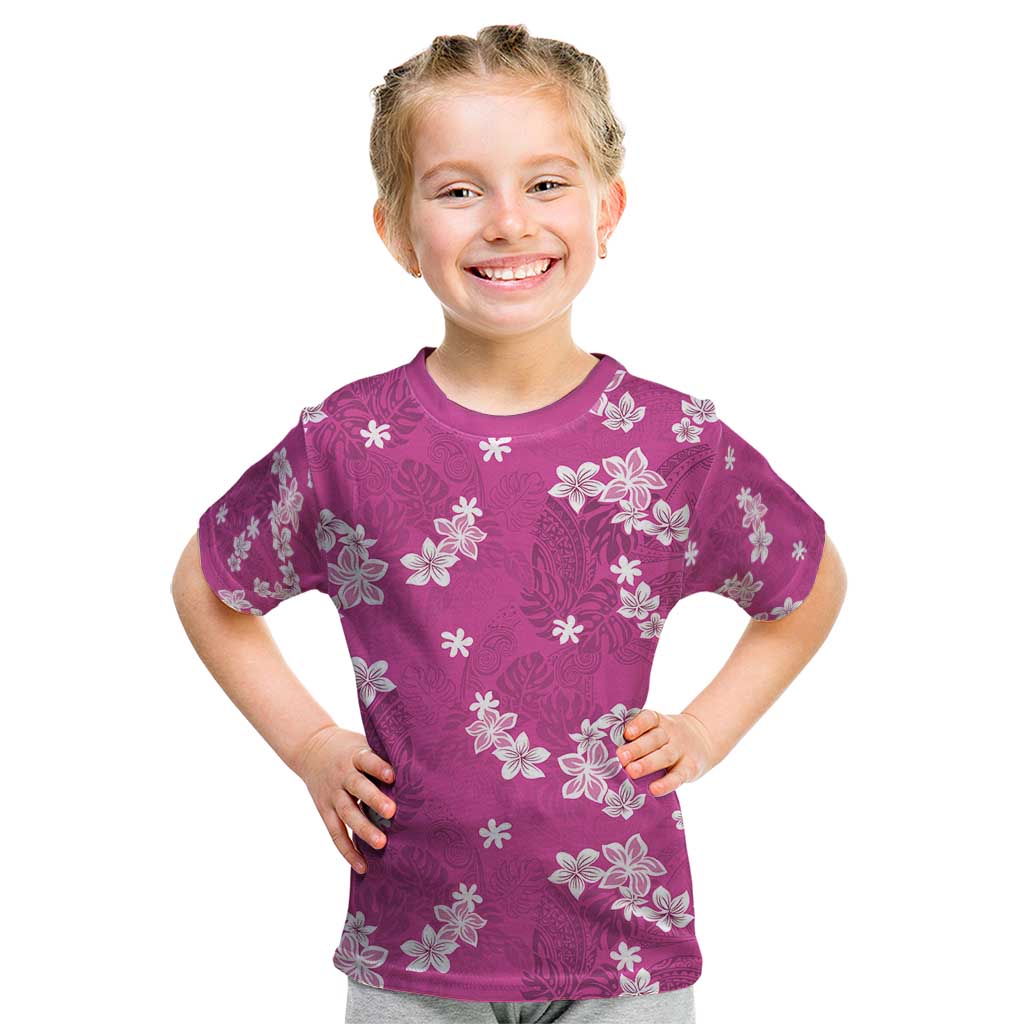 Hawaii Monstera Deliciosa Kid T Shirt Pink Plumeria Polynesian Pattern - Polynesian Pride