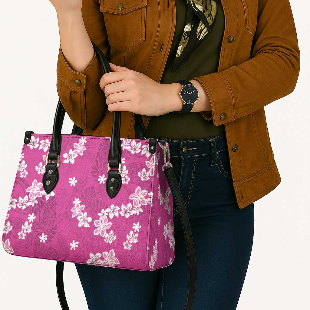 Hawaii Monstera Deliciosa Leather Bag Pink Plumeria Polynesian Pattern - Polynesian Pride
