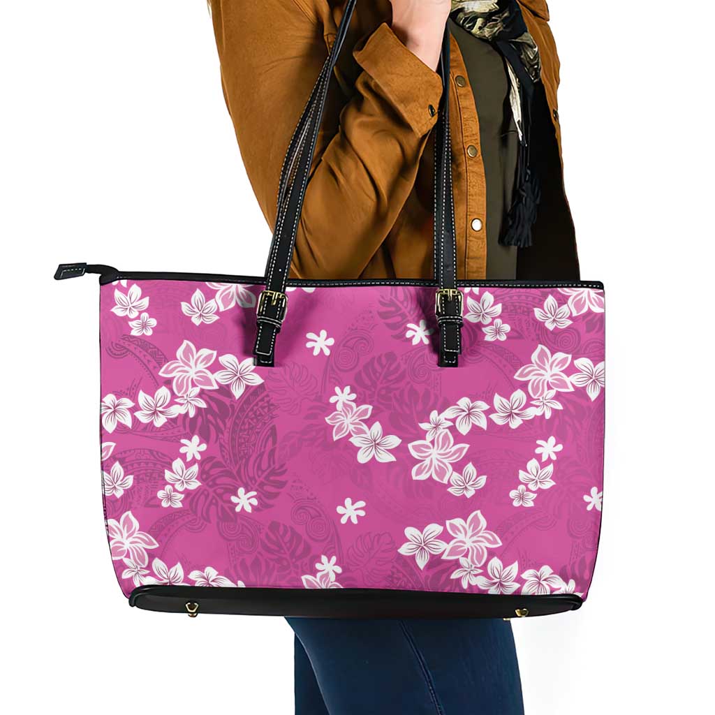 Hawaii Monstera Deliciosa Leather Tote Bag Pink Plumeria Polynesian Pattern - Polynesian Pride