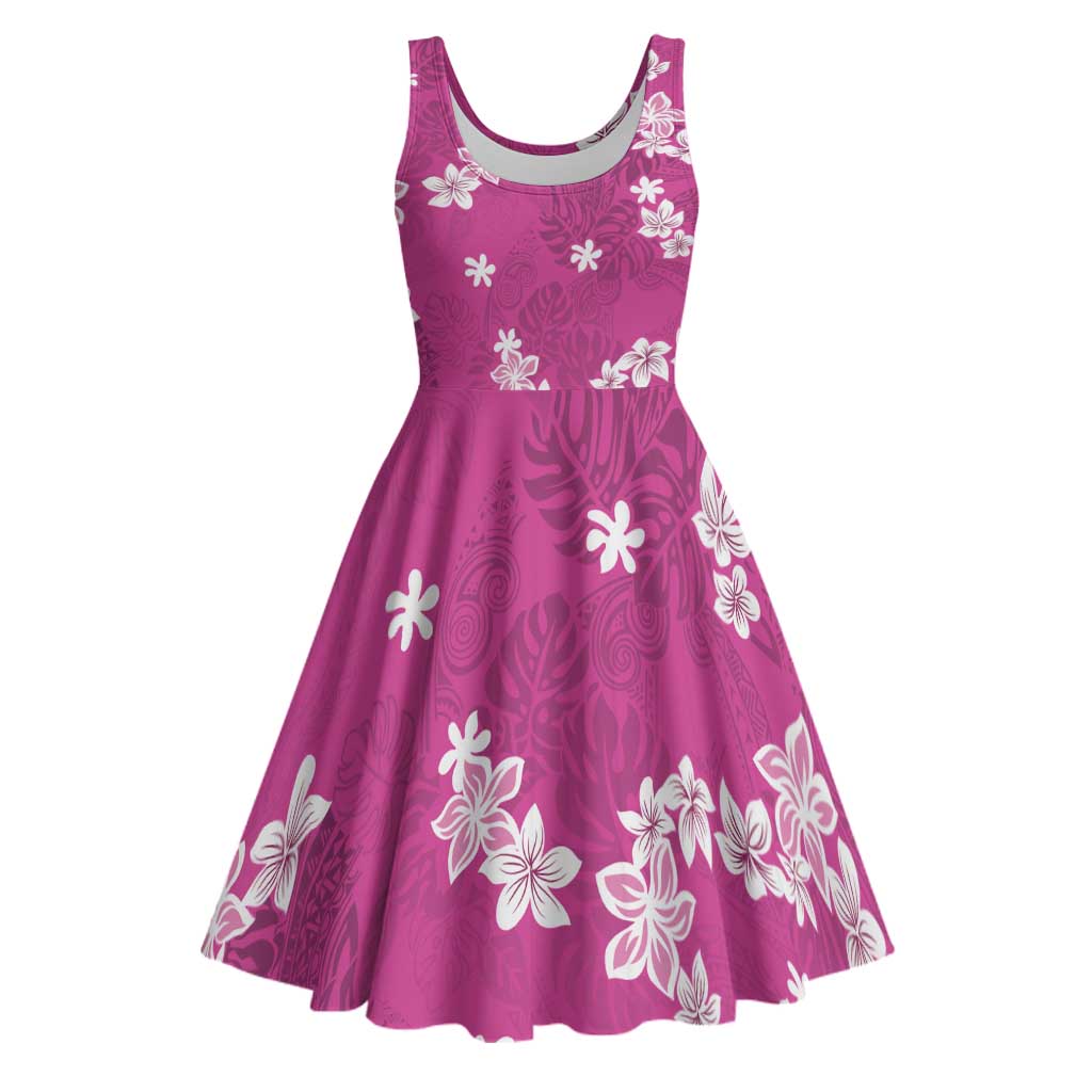 Hawaii Monstera Deliciosa Midi Dress Pink Plumeria Polynesian Pattern - Polynesian Pride