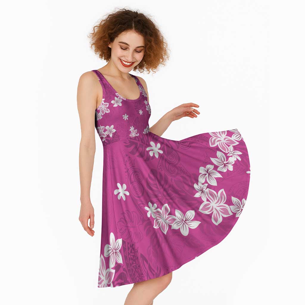 Hawaii Monstera Deliciosa Midi Dress Pink Plumeria Polynesian Pattern - Polynesian Pride