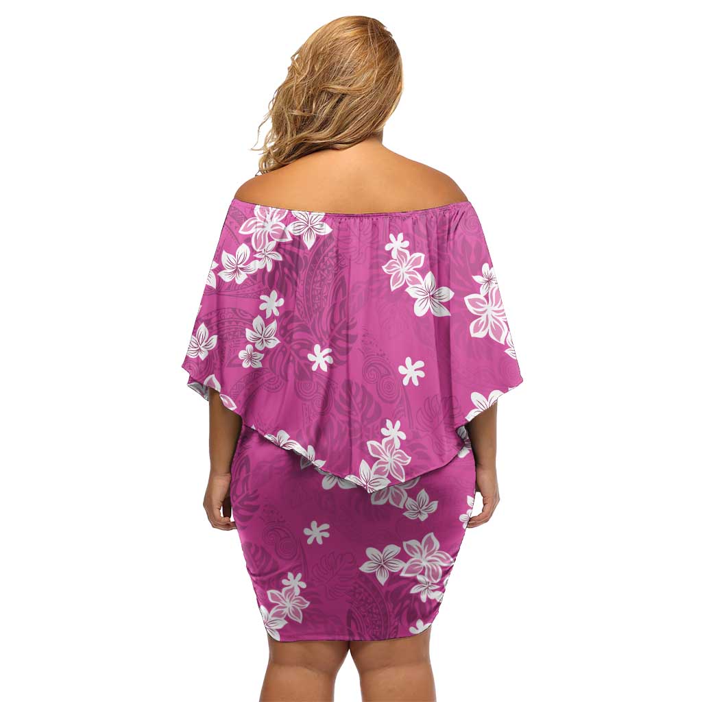 Hawaii Monstera Deliciosa Off Shoulder Short Dress Pink Plumeria Polynesian Pattern - Polynesian Pride