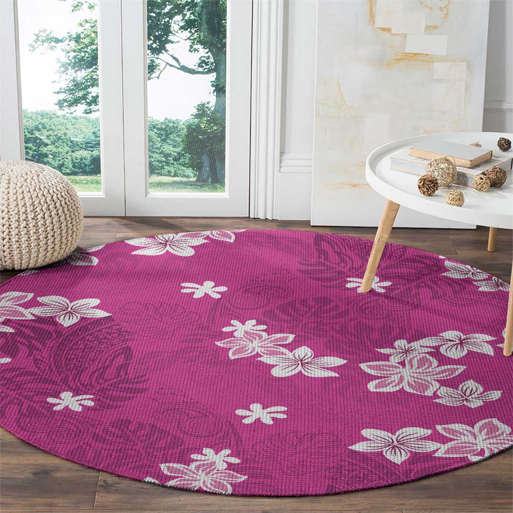 Hawaii Monstera Deliciosa Round Carpet Pink Plumeria Polynesian Pattern - Polynesian Pride