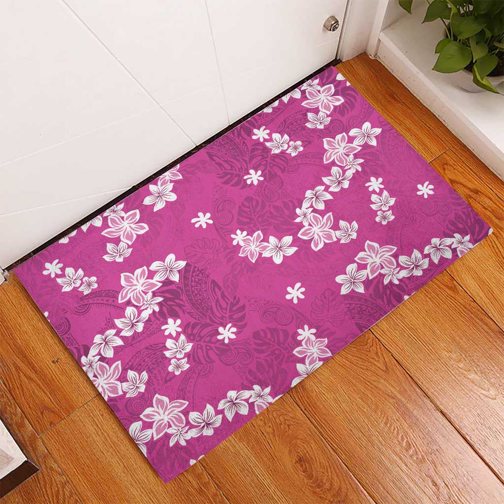 Hawaii Monstera Deliciosa Rubber Doormat Pink Plumeria Polynesian Pattern - Polynesian Pride