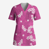 Hawaii Monstera Deliciosa Scrub Top Pink Plumeria Polynesian Pattern - Polynesian Pride