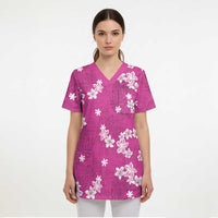 Hawaii Monstera Deliciosa Scrub Top Pink Plumeria Polynesian Pattern - Polynesian Pride