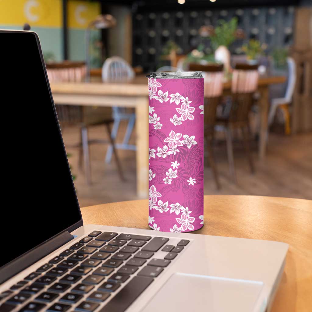 Hawaii Monstera Deliciosa Skinny Tumbler Pink Plumeria Polynesian Pattern - Polynesian Pride