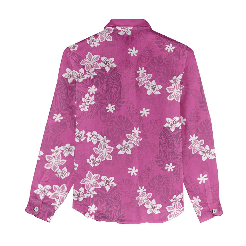 Hawaii Monstera Deliciosa Women Casual Shirt Pink Plumeria Polynesian Pattern - Polynesian Pride