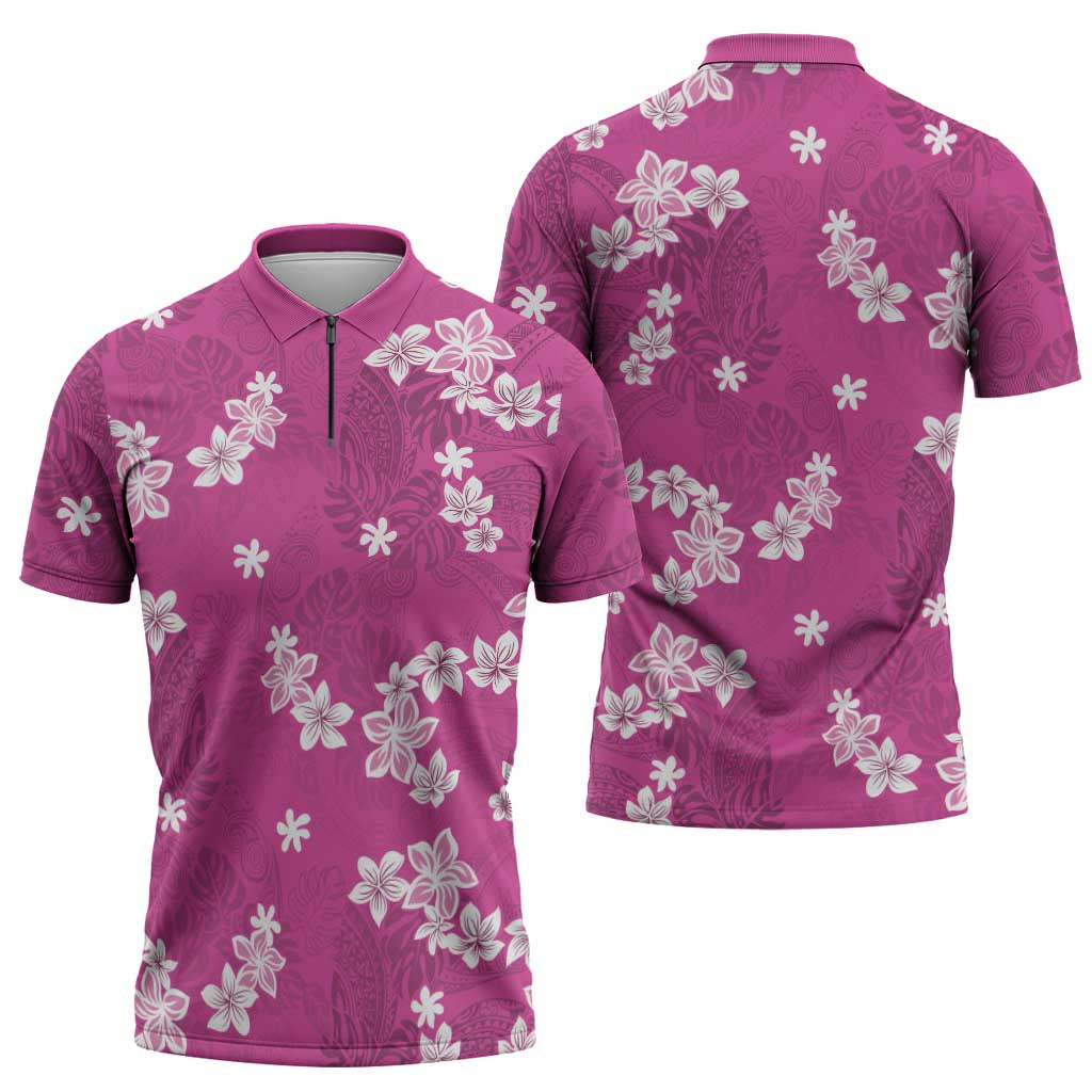 Hawaii Monstera Deliciosa Zipper Polo Shirt Pink Plumeria Polynesian Pattern - Polynesian Pride