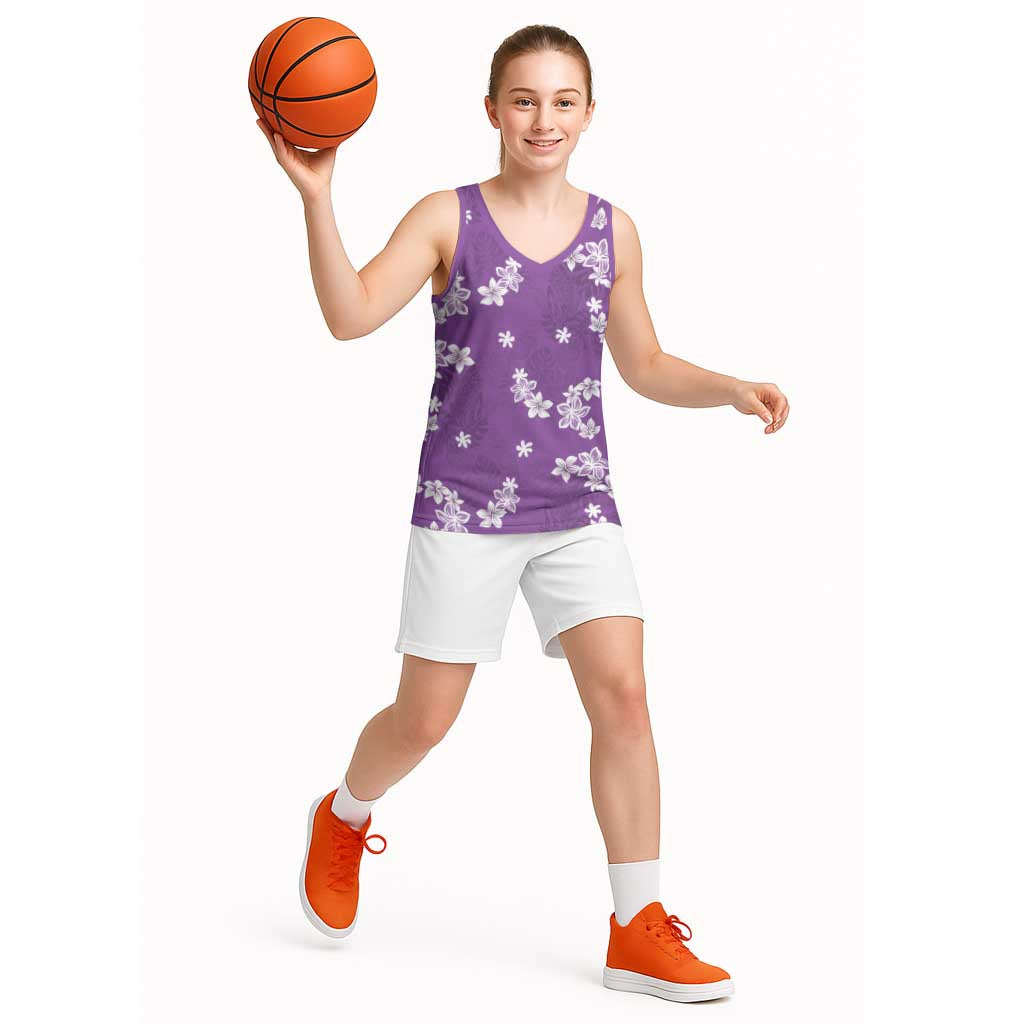 Hawaii Monstera Deliciosa Basketball Jersey Purple Plumeria Polynesian Pattern - Polynesian Pride