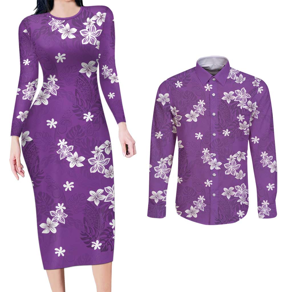 Hawaii Monstera Deliciosa Couples Matching Long Sleeve Bodycon Dress and Long Sleeve Button Shirt Purple Plumeria Polynesian Pattern LT05 Purple - Polynesian Pride