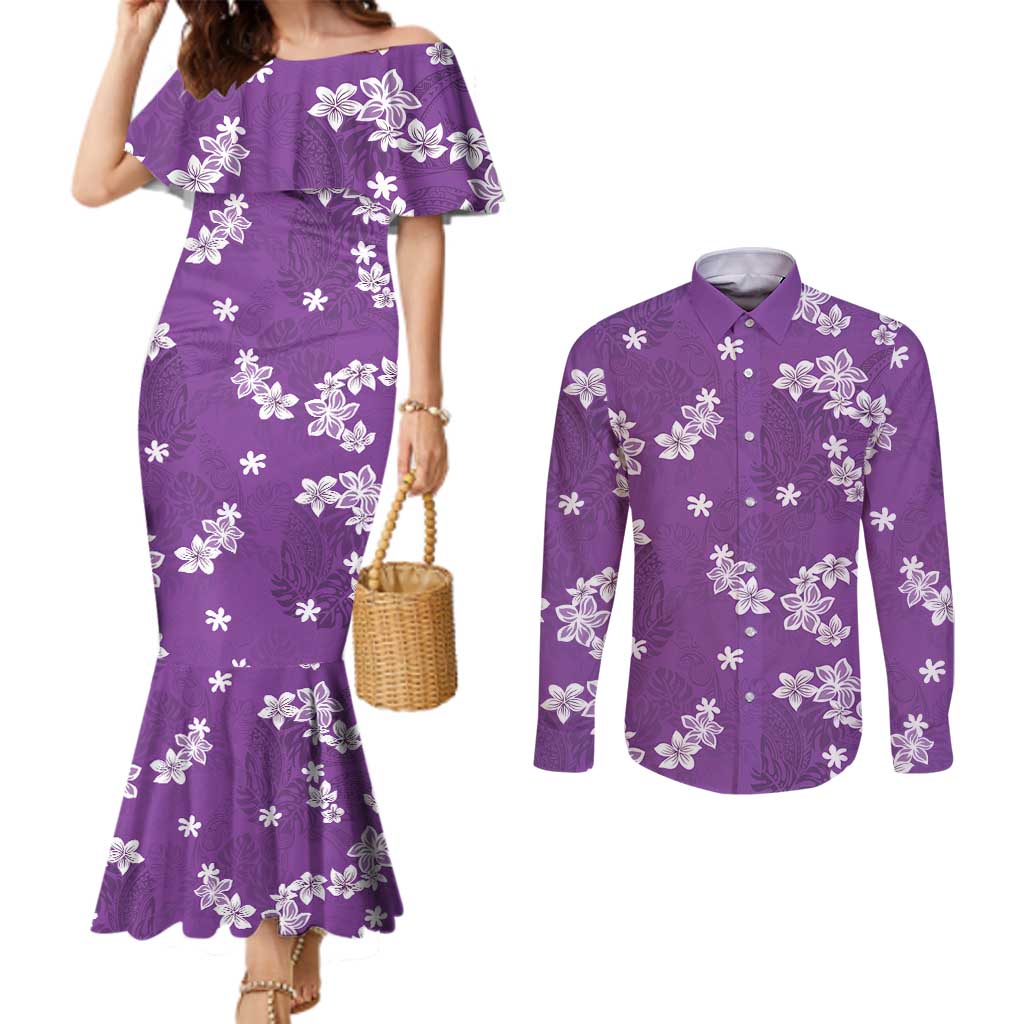 Hawaii Monstera Deliciosa Couples Matching Mermaid Dress and Long Sleeve Button Shirt Purple Plumeria Polynesian Pattern LT05 Purple - Polynesian Pride